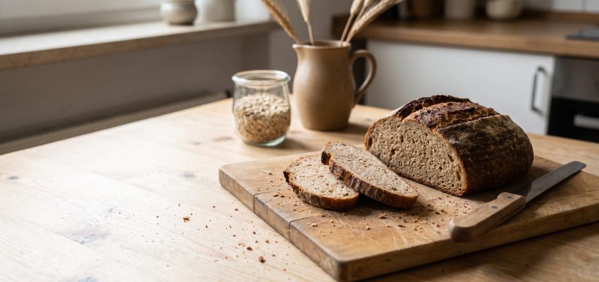 Angeschnittenes Dinkel-Sauerteigbrot auf einem Holzbrett am Fenster, Bild zum Unterschied zwischen Gluten und Fruktanen