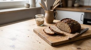 Aangesneden speltzuurdesembrood op een houten snijplank bij het raam, beeld bij het verschil tussen gluten en fructanen
