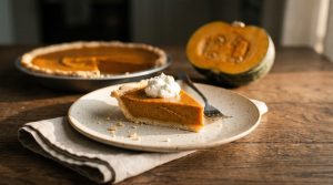 Punt low FODMAP pompoentaart met een toefje lactosevrije slagroom op een donkere eikenhouten tafel