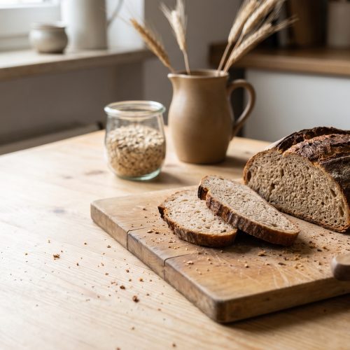 Sliced spelt sourdough loaf on a wooden cutting board by the window, illustrating the difference between gluten and fructans
